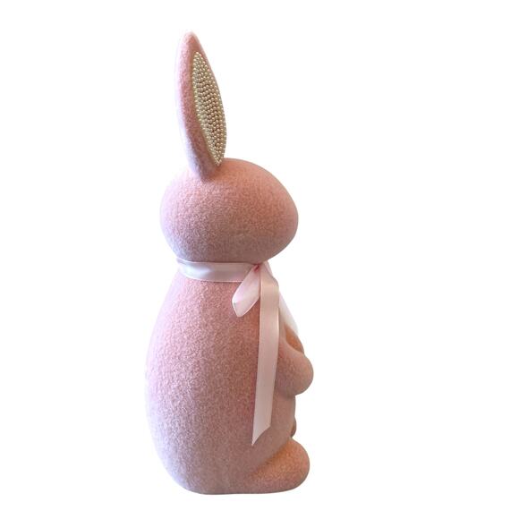 SPRING GATHERINGS 15in Pink Flocked Bunny With Faux Pearl Ears & Ribbon New - Picture 8 of 15